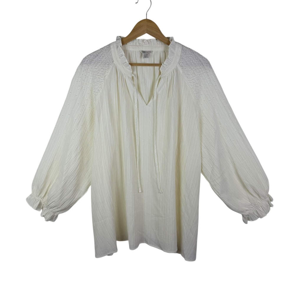 Cato Beaded Embellished Peasant Blouse Size 22/24W Cream Cottagecore Boho Sheer